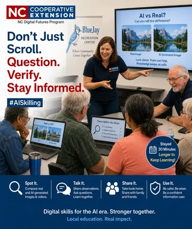 Residents compare real and AI-generated images during an AI safety session.