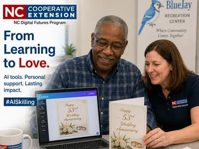 Resident creates a 53rd wedding anniversary card with digital tools.