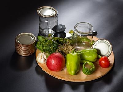 Herbs and vegetables with Jars