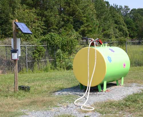 This fuel tank at the Moncure farm dispenses 100% biofuel.