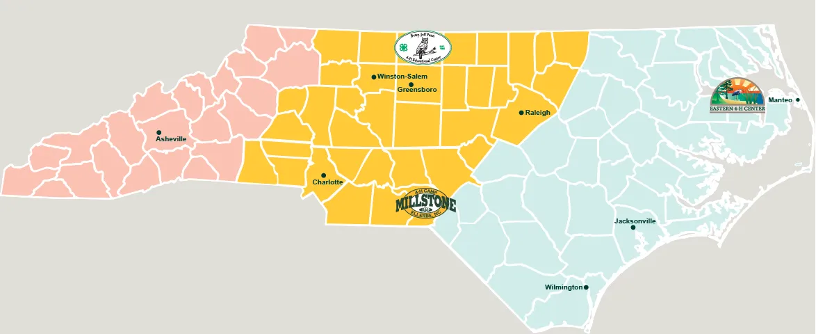 NC camp map showing BJP in the top, middle of the map, Millstone in the bottom middle, and Eastern on the coast.