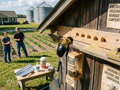 A composite image showing agricultural researchers observing carpenter bee control traps and tools at a farm research station.