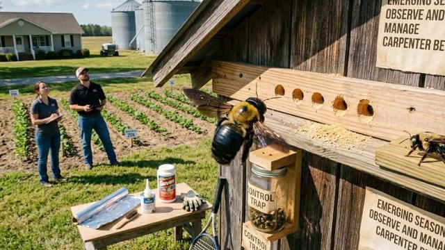 A composite image showing agricultural researchers observing carpenter bee control traps and tools at a farm research station.