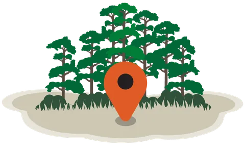 A map pin icon in front of a stand of trees.