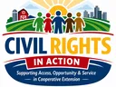 Extension civil rights in action newsletter logo with image of people, a farm and a community.