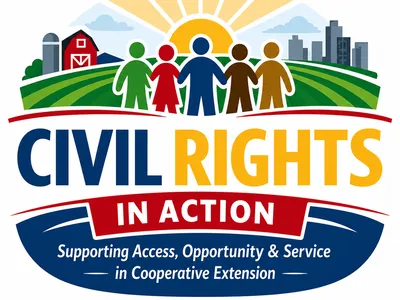 Extension civil rights in action newsletter logo with image of people, a farm and a community.