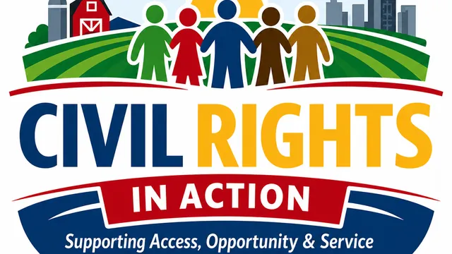 Extension civil rights in action newsletter logo with image of people, a farm and a community.