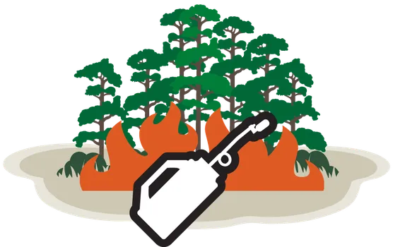 An illustration of a driptorch in front of a stand of trees.