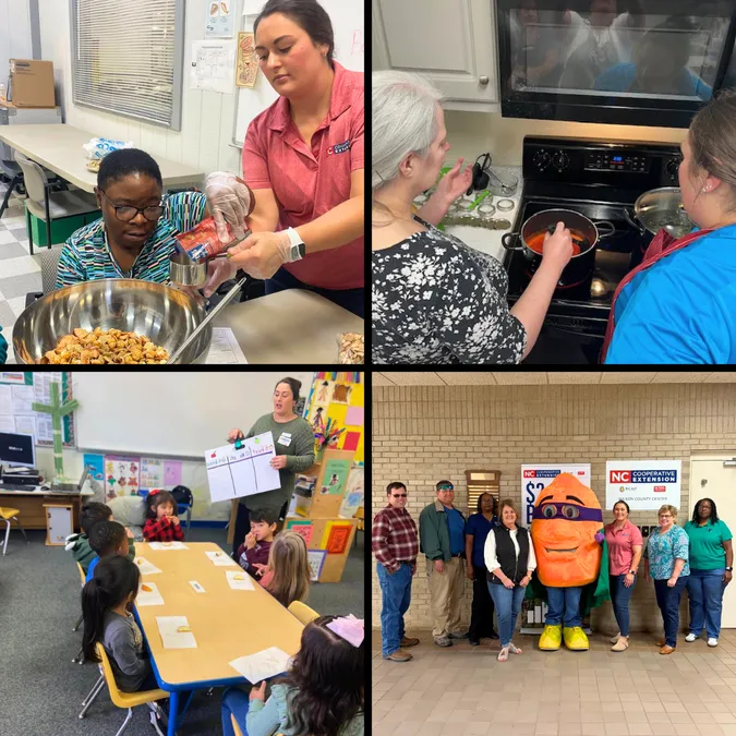 TC helping a class participant measure ingredients & talking with a canning class participant while stirring ingredients; teaching childcare students; staff members with sweet potato costume