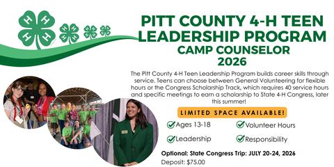 Pitt County 4-H Teen Leadership Program, Camp Counselor 2026