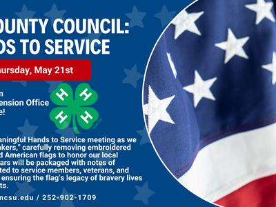 county council meeting flyer, 4-H County council: hands to service, thursday may 21st, 2026 6:30pm-8:00pm at the pitt county extension office.