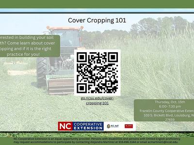 tractor mowing a grassy field, Cover Cropping 101 ad with date, location, time, registration link