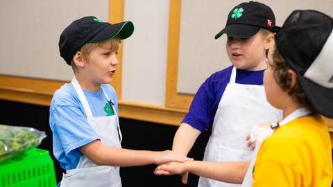 Three 4-H members wearing aprons and baseball caps join hands in preparation for the Dinah Gore 4-H Healthy Food Challenge.