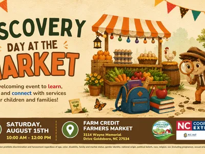 Discovery Day flyer with a kid and a magnifying glass