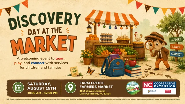 Discovery Day flyer with a kid and a magnifying glass