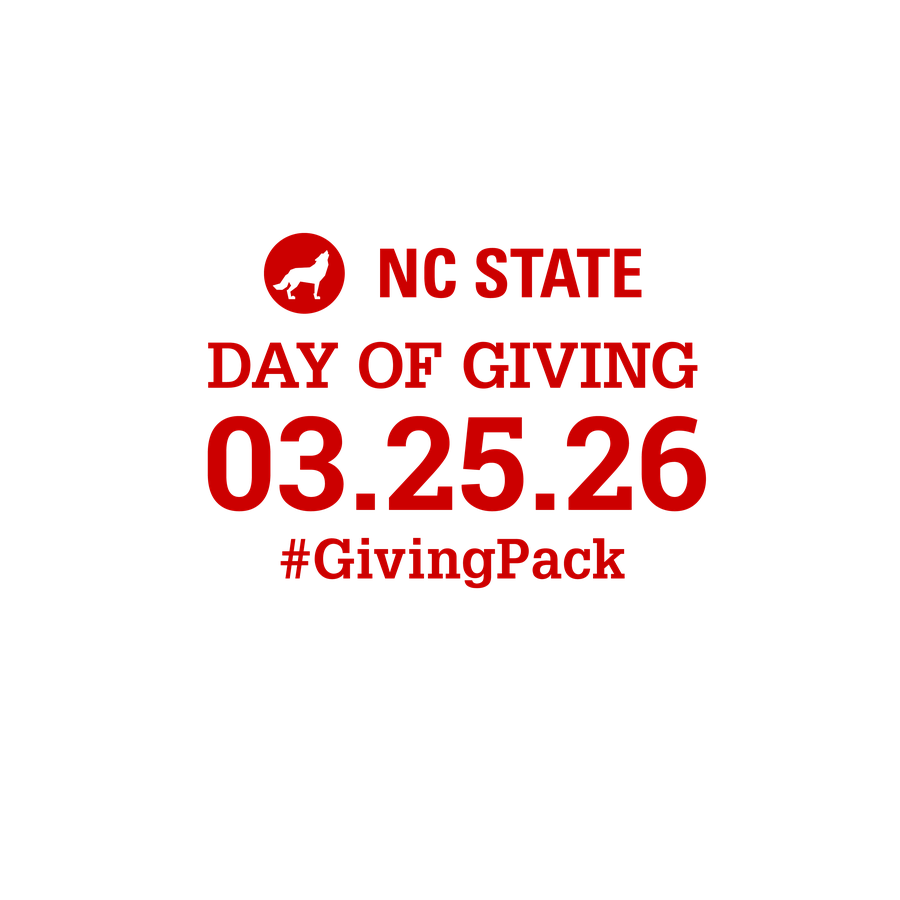 Red text NC State Day of Giving with image of white wolf silhouette on red background