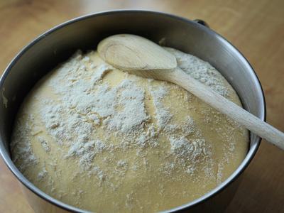 Sourdough bread in a baking pan.