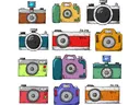 Colorful illustrations of old film cameras are lined up, all facing front. There are four rows of three.