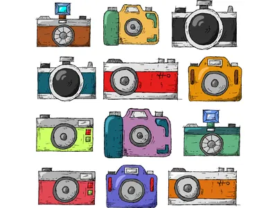 Colorful illustrations of old film cameras are lined up, all facing front. There are four rows of three.