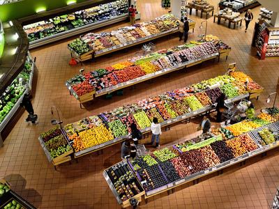 overhead view of grocery store produce section