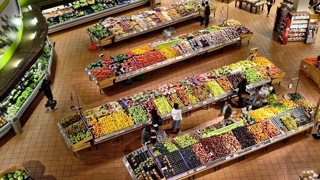 overhead view of grocery store produce section