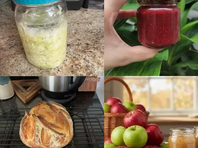 Combined picture of top left jar of sauerkraut fermenting top right hand holding small jar of cranberry sauce bottom left sourdough bread on rack bottom right apples and jar of applesauce