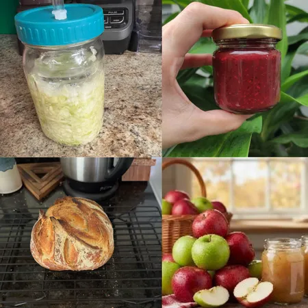 Combined picture of top left jar of sauerkraut fermenting top right hand holding small jar of cranberry sauce bottom left sourdough bread on rack bottom right apples and jar of applesauce