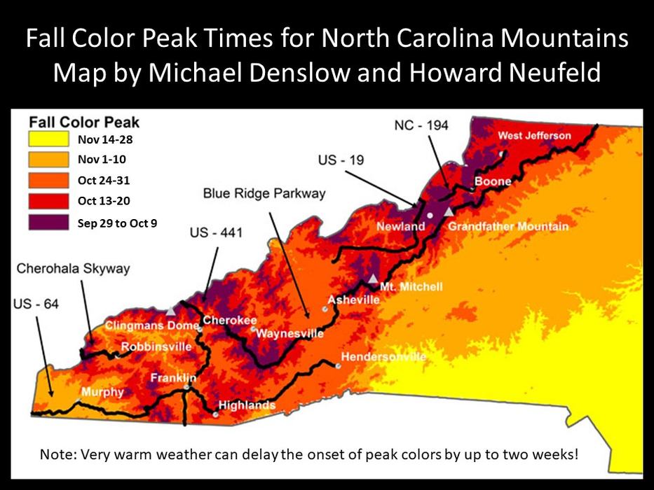 Photo showing heat map of where fall color can be seen along the Blue Ridge escarpment.