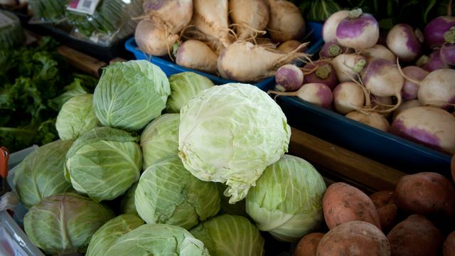 A display of fresh fall produce at a market, including heads of green cabbage, purple-top turnips, parsnips, and sweet potatoes.