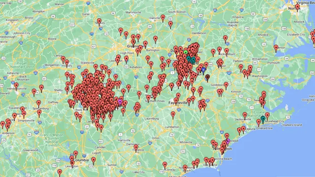 Image of a map of North Carolina with red pins.