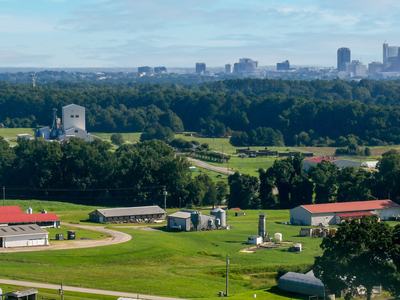 Landscape view of the Lake Wheeler Road Field Lab with Feed Mill in the background.