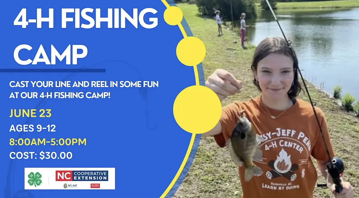 Promotional flyer for a 4-H Fishing Camp featuring a young girl smiling and holding up a small fish she caught. Other children are seen fishing in the background along a grassy pond bank. The text indicates the camp is on June 23, for ages 9 to 12, from 8