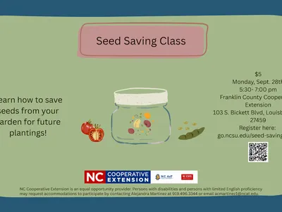 seed saving workshop flyer vegetables, jar of seeds date, time, location & registration info.