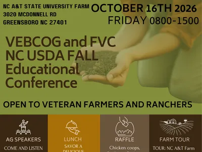 Flyer with details for the 2026 Veteran's Organic Garden Conference at the N.C. A&T Farm