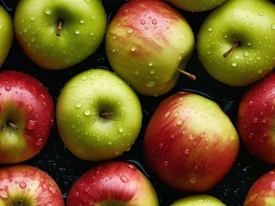Overhead view of fresh red and bright green apples covered in water droplets.