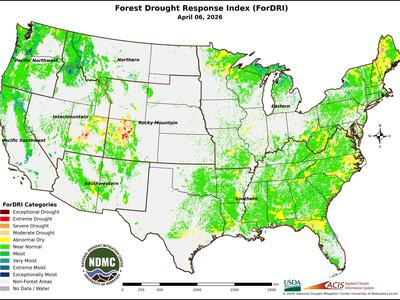 Forest Drought Response Index Map shading various areas throughout the United States according to their drought level.