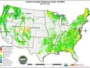 Forest Drought Response Index Map shading various areas throughout the United States according to their drought level.
