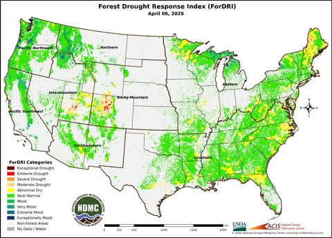 Forest Drought Response Index Map shading various areas throughout the United States according to their drought level.