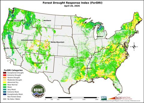 Forest Drought Response Index Map with NC areas highlighted in various colors according to their drought index.