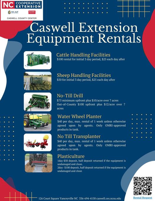 All equipment rentals from caswell county. Cattle & sheep handling facilities, no-till drill, water wheel planter, no till transplanter, plasticulture