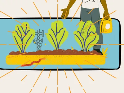 Illustration of a gardener tending rows of leafy plants in a raised garden bed, with soil, a worm, and sunlight radiating across the scene.