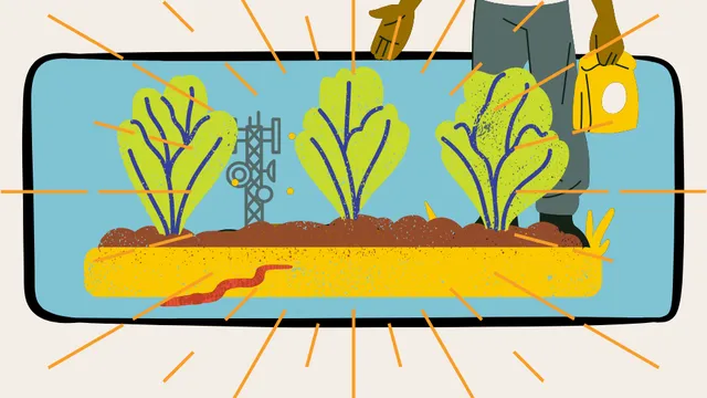 Illustration of a gardener tending rows of leafy plants in a raised garden bed, with soil, a worm, and sunlight radiating across the scene.