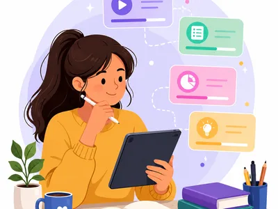 Illustration of a woman studying at a desk while using a tablet. Around her are colorful floating learning modules represented by icons and progress bars, symbolizing microlearning and online education. The scene includes books, a notebook, pencils, a cof