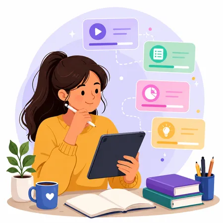 Illustration of a woman studying at a desk while using a tablet. Around her are colorful floating learning modules represented by icons and progress bars, symbolizing microlearning and online education. The scene includes books, a notebook, pencils, a cof