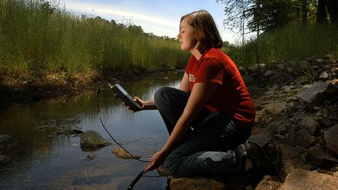 Woman analyzing water quality in a stream