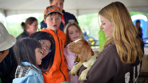 4-H youth interact with a young goat while an adult holds it, creating a hands-on learning moment with animals.