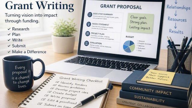 Laptop and notebook open on desk working on grant proposal