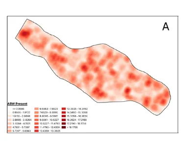 Side-by-side maps labeled A and B show red heat zones, indicating data density. Map A has more concentrated spots, while Map B is elongated with a scale bar.