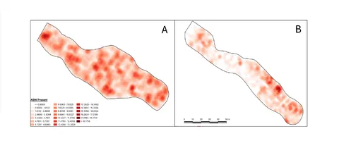 Side-by-side maps labeled A and B show red heat zones, indicating data density. Map A has more concentrated spots, while Map B is elongated with a scale bar.