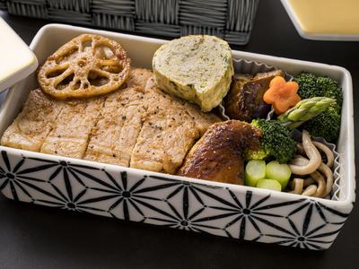 Bento box containing lunch food.